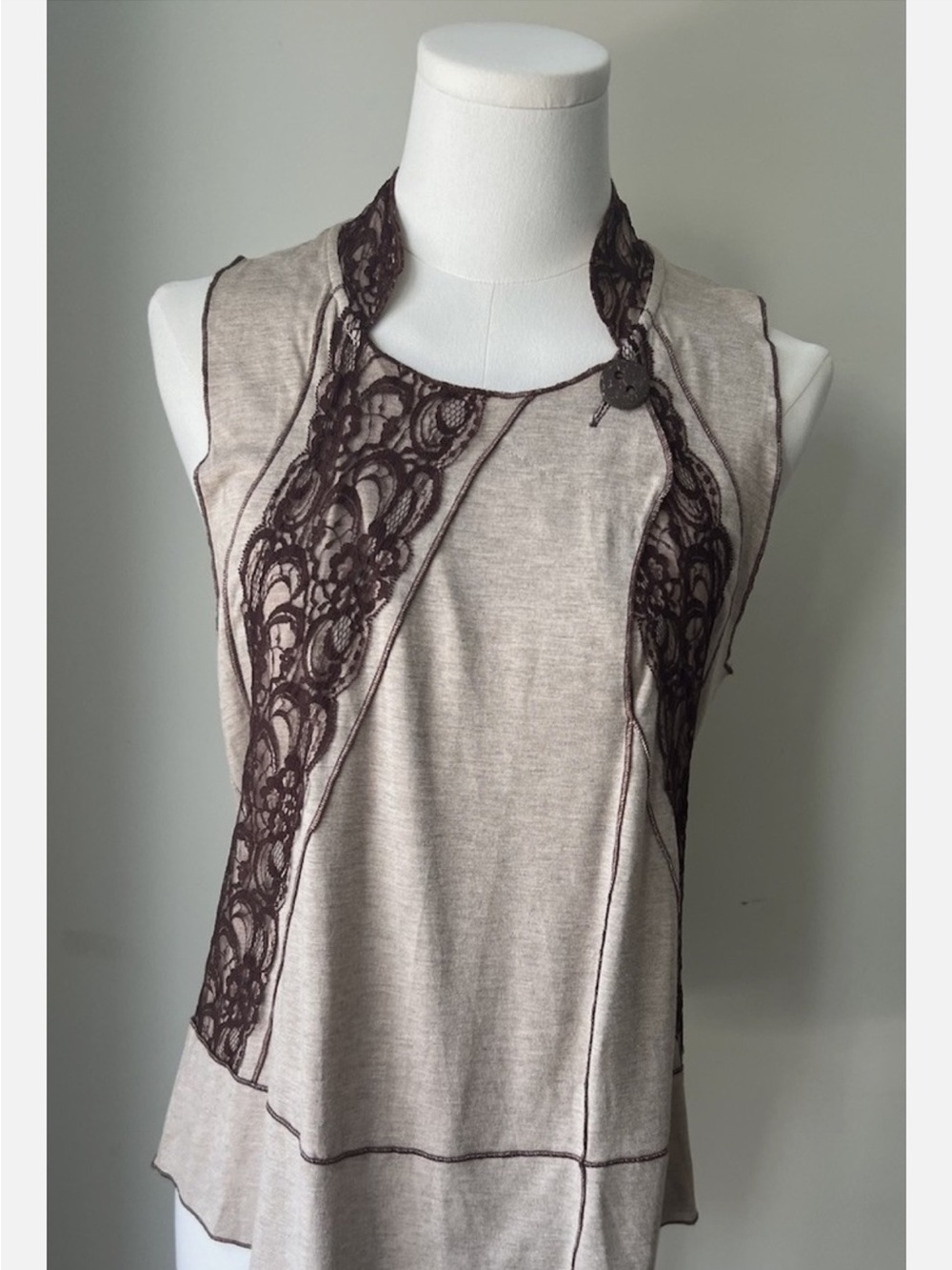 Anthropologie Beige Tiny Tank with Brown Lace Panels